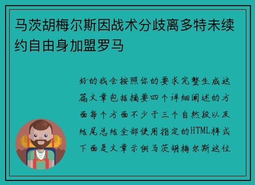 马茨胡梅尔斯因战术分歧离多特未续约自由身加盟罗马